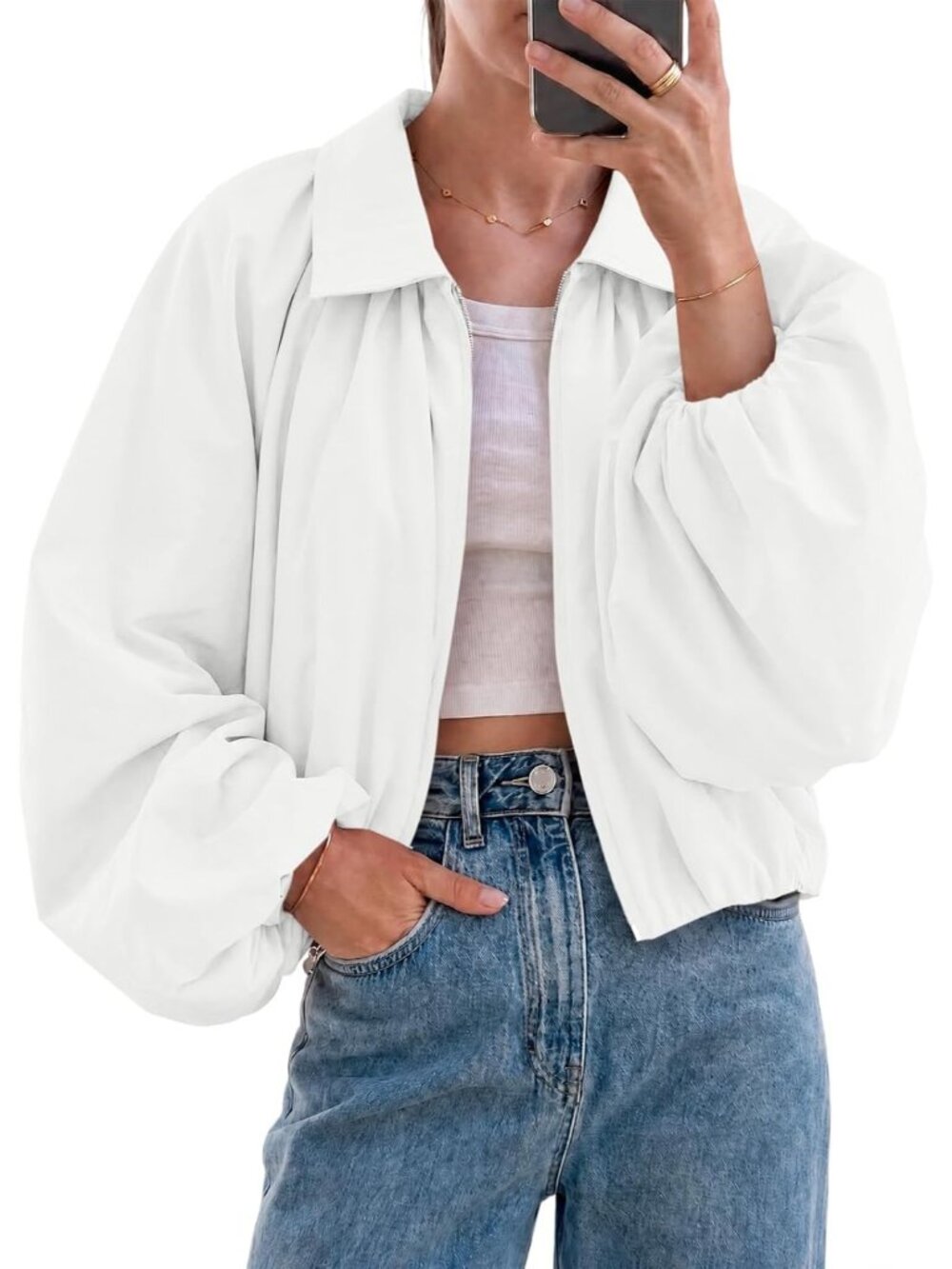 Womens White Drop-shoulder Balloon Sleeve Lapel Collar Cropped Bomber Jacket